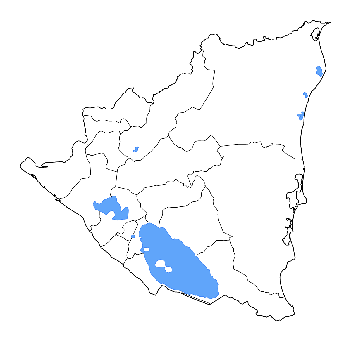Mapa de contorno de Nicaragua con límites administrativos internos, lagos y ríos.