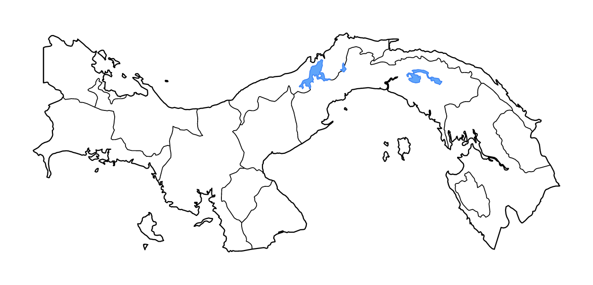 Mapa de contorno de Panama con límites administrativos internos, lagos y ríos.