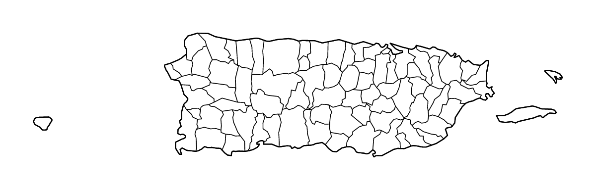 Mapa de contorno de Puerto Rico (place), Puerto Rico con límites administrativos internos y ríos.