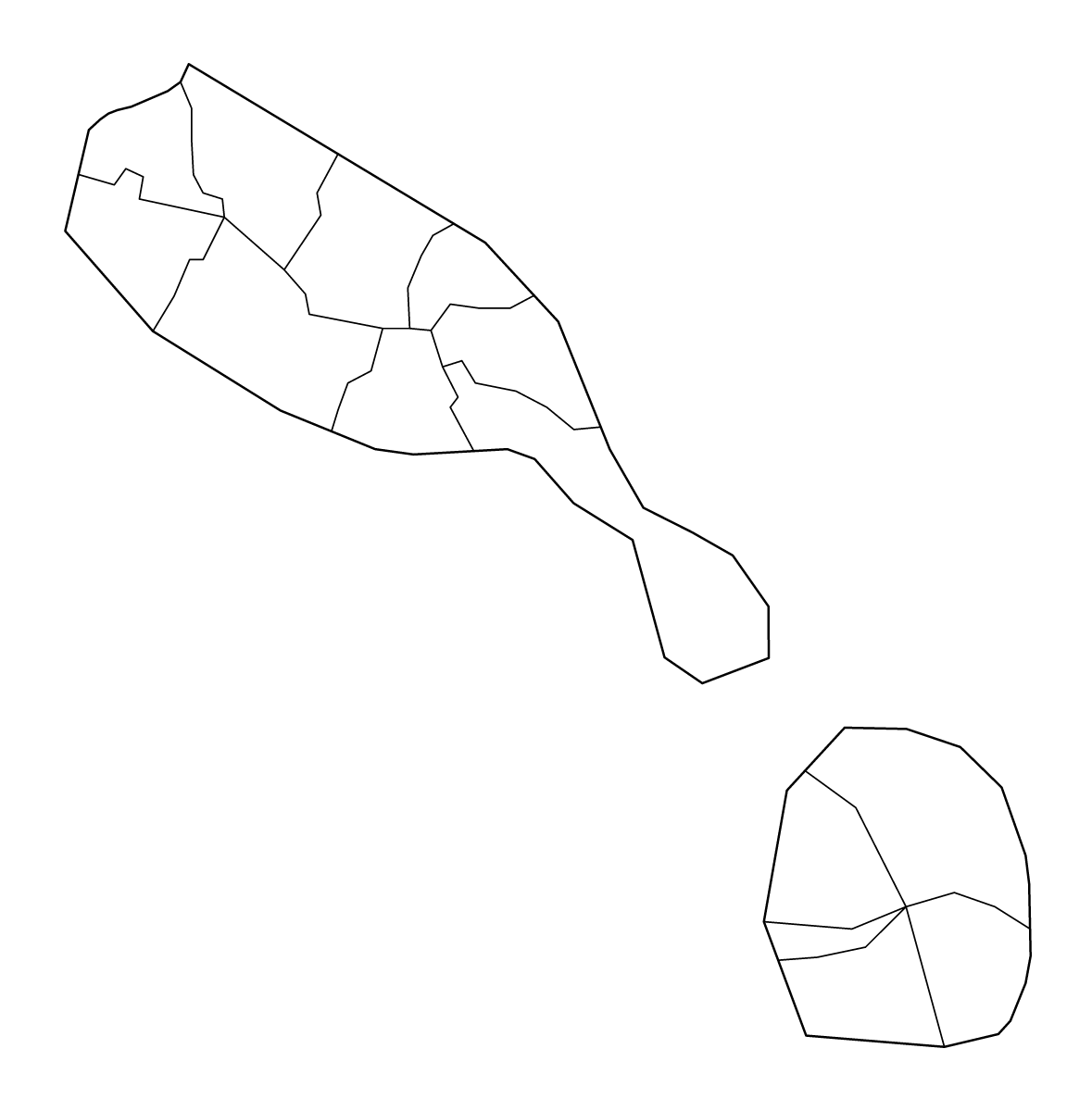 Mapa de contorno de Saint Kitts and Nevis con límites administrativos internos.