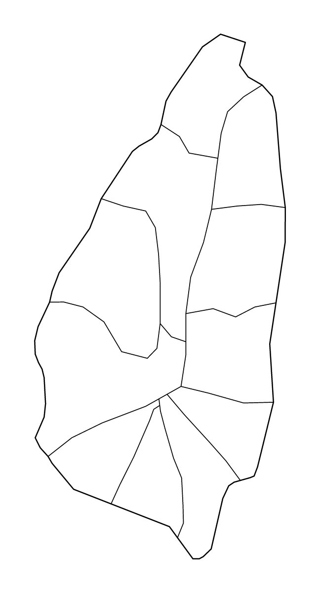 Mapa de contorno de Saint Lucia con límites administrativos internos.