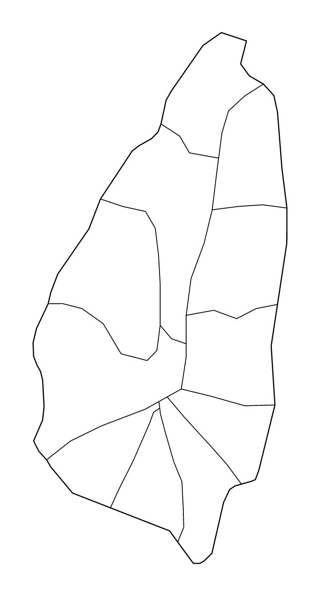 Mapa de contorno de Saint Lucia con límites administrativos internos.