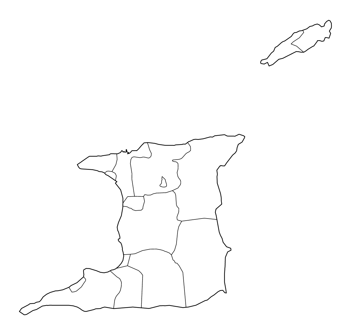 Mapa de contorno de Trinidad and Tobago con límites administrativos internos.