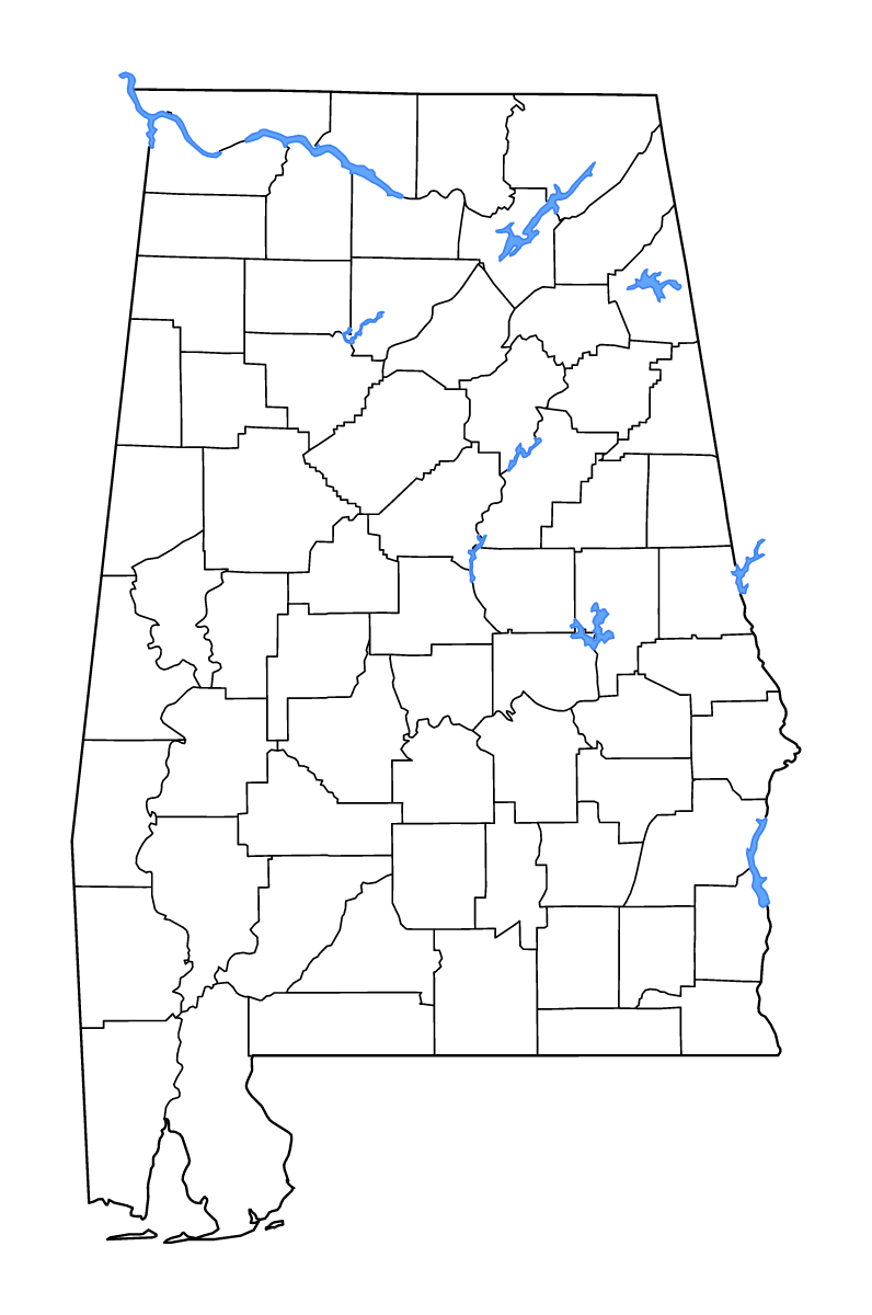 Mapa de contorno de Alabama, United States con límites administrativos internos, lagos y ríos.