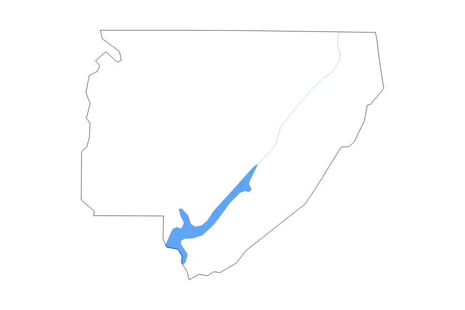Outline map of Jackson County, Alabama with subdivision borders and major lakes and rivers.