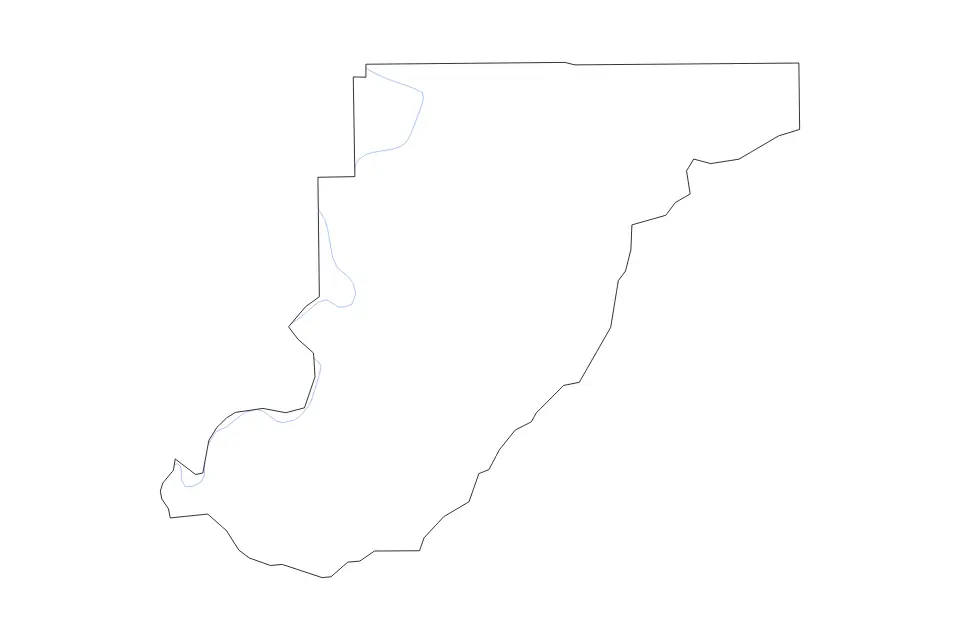 Outline map of Monroe County, Alabama with subdivision borders and rivers.