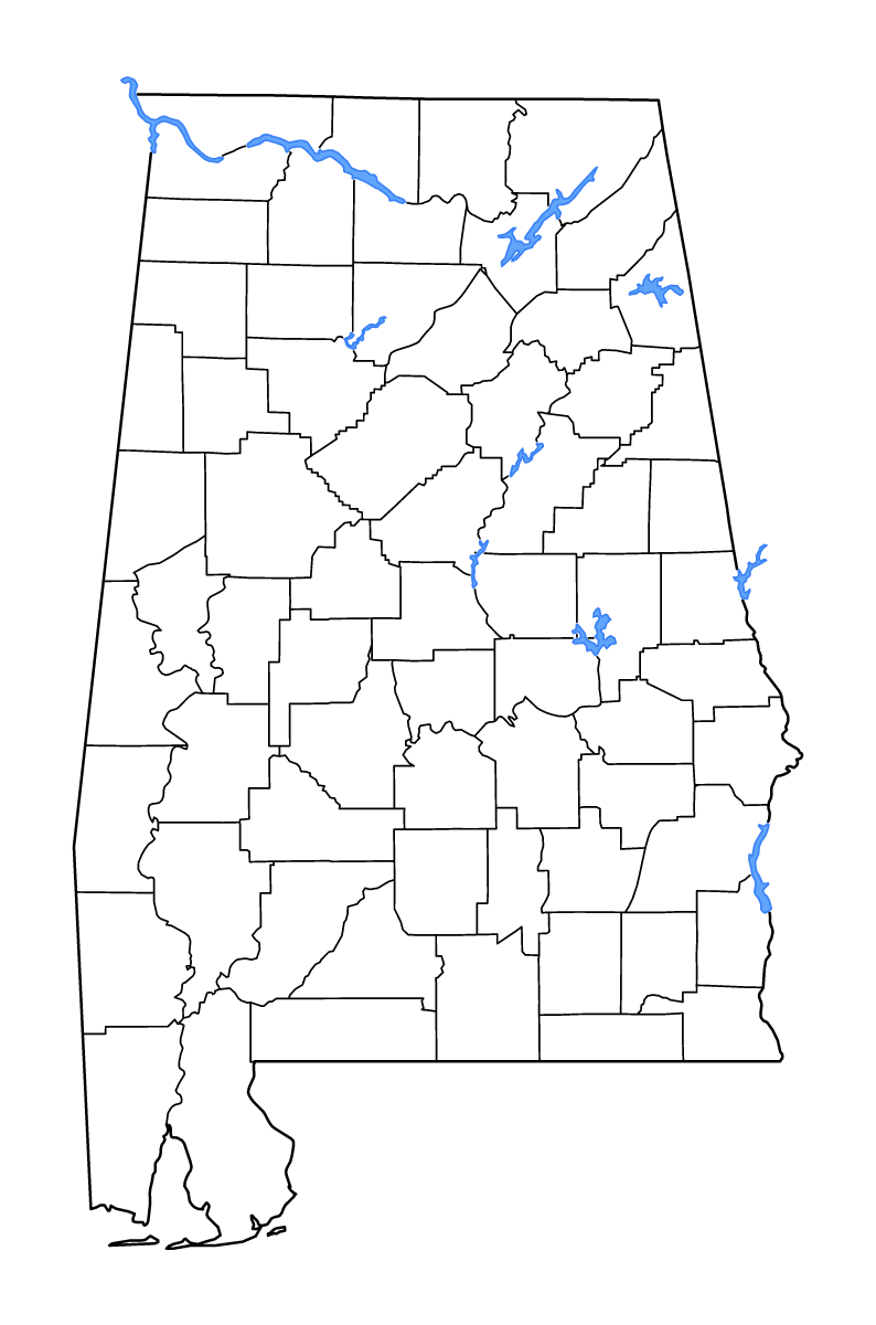 Outline map of Alabama, United States with internal administrative boundaries, lakes, and rivers.