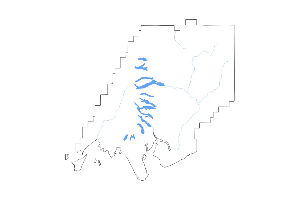 Outline map of Dillingham Census Area, Alaska with subdivision borders and major lakes and rivers.