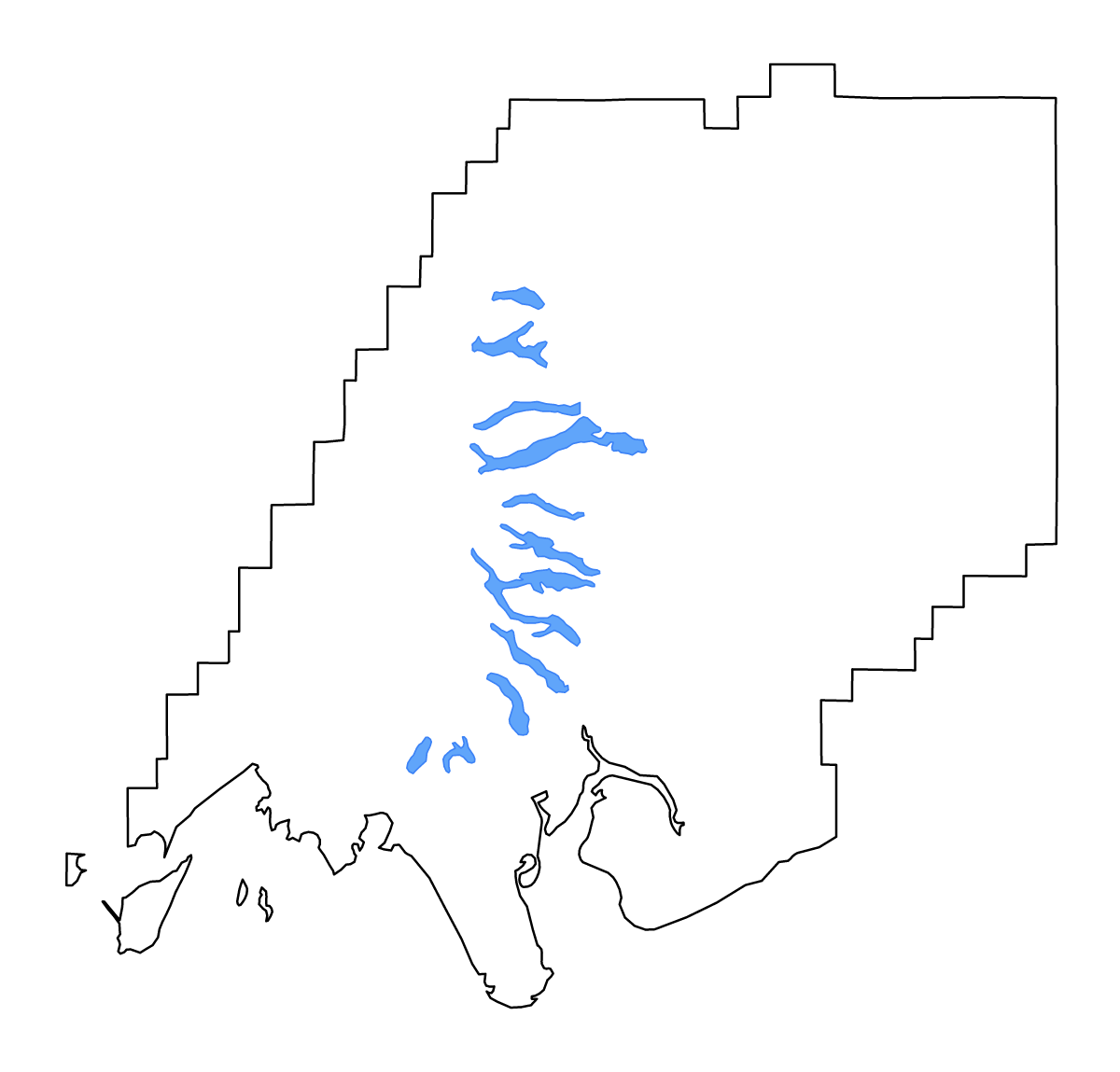 Mapa de contorno de Dillingham, Alaska con lagos y ríos.