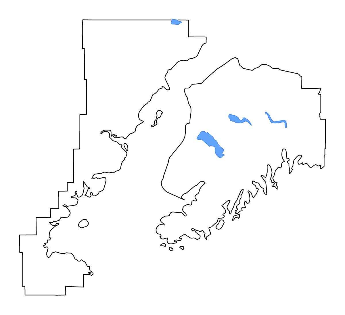 Mapa de contorno de Kenai Peninsula, Alaska con lagos y ríos.