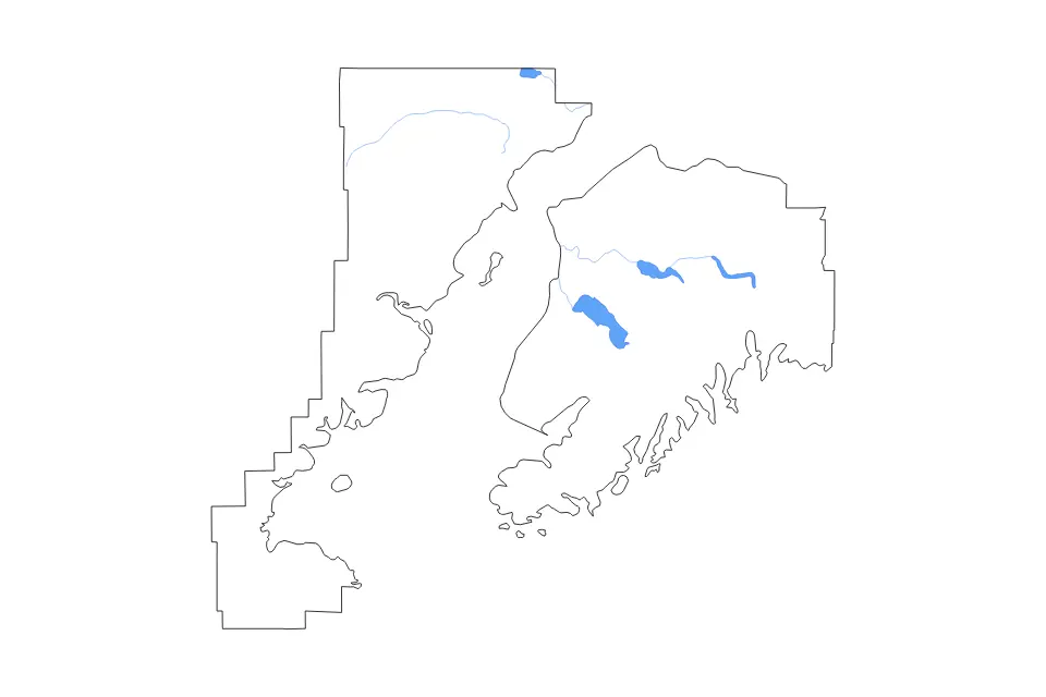 Outline map of Kenai Peninsula Borough, Alaska with subdivision borders and major lakes and rivers.
