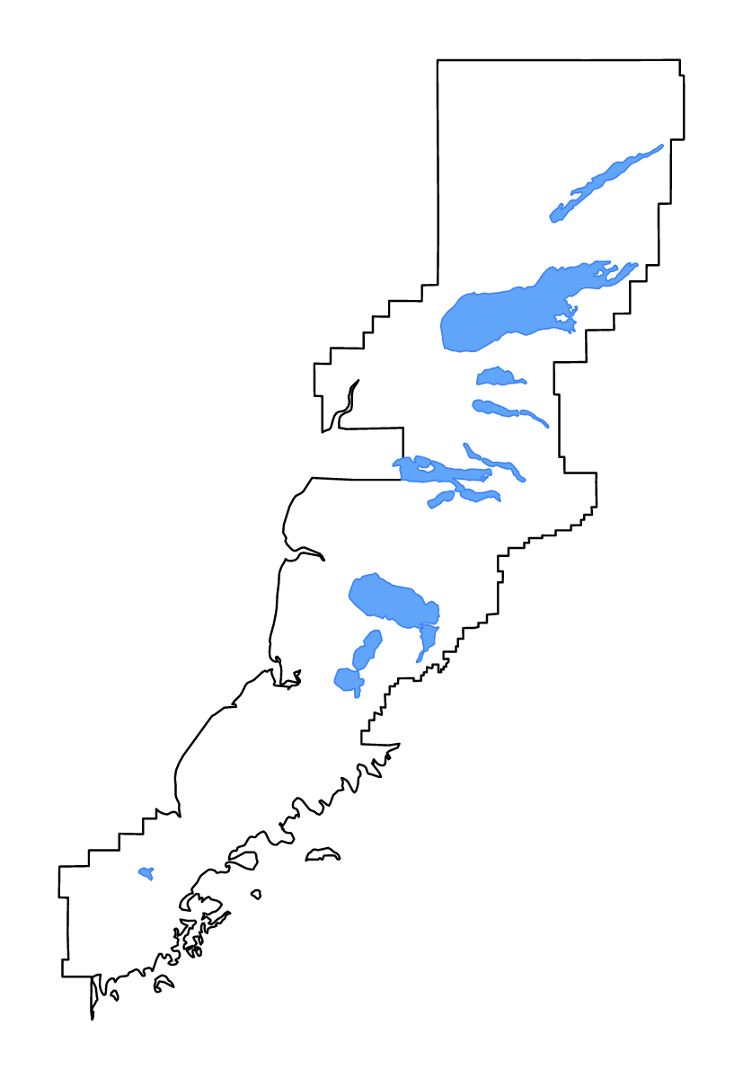 Mapa de contorno de Lake and Peninsula, Alaska con lagos y ríos.