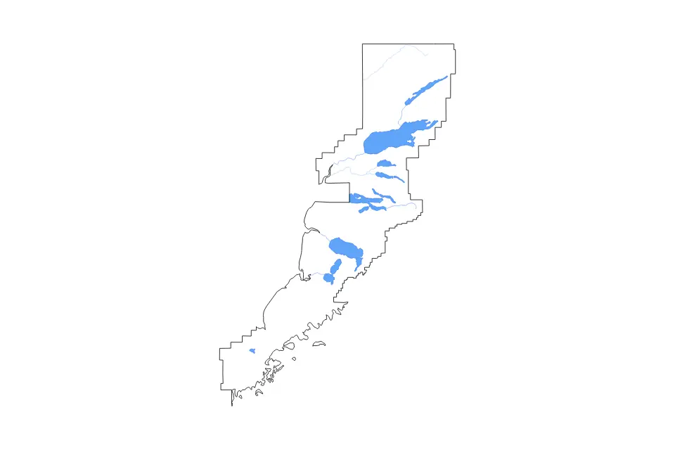 Mapa de Lake and Peninsula, Alaska de tipo contorno, lagos y ríos para América del Norte, con contorno, lagos y ríos con elementos de agua como Lower Ugashik Lake, Kulik Lake y Lake Coville.
