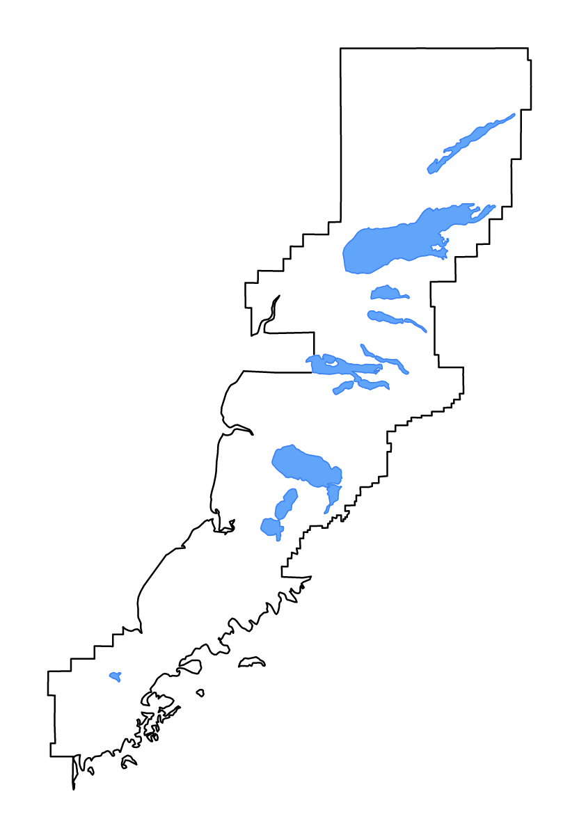 Mapa de contorno de Lake and Peninsula, Alaska con lagos y ríos.