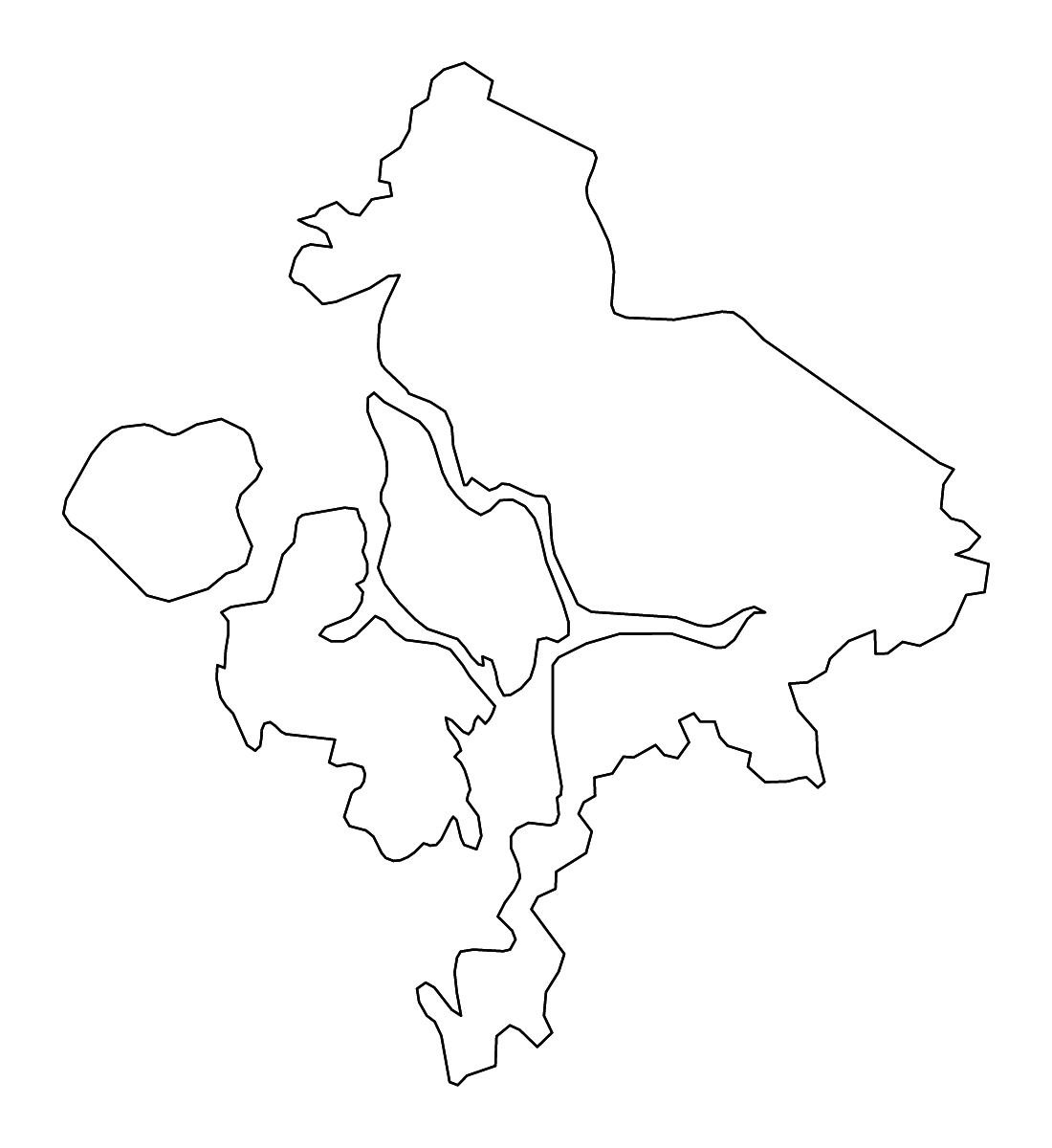 Mapa de contorno de Wrangell, Alaska con ríos.