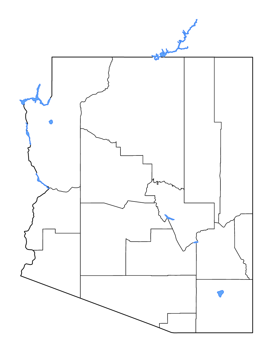 Mapa de contorno de Arizona, United States con límites administrativos internos, lagos y ríos.