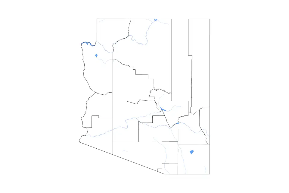Outline map of Arizona, United States with subdivision borders and major lakes and rivers.