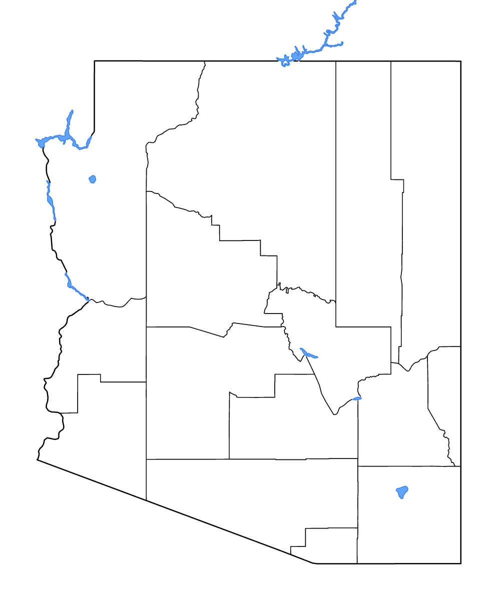 Mapa de contorno de Arizona, United States con límites administrativos internos, lagos y ríos.