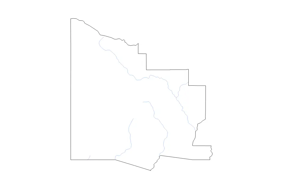 Outline map of Yavapai County, Arizona with subdivision borders and rivers.