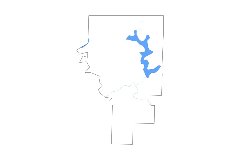 Outline map of Baxter County, Arkansas with subdivision borders and major lakes and rivers.