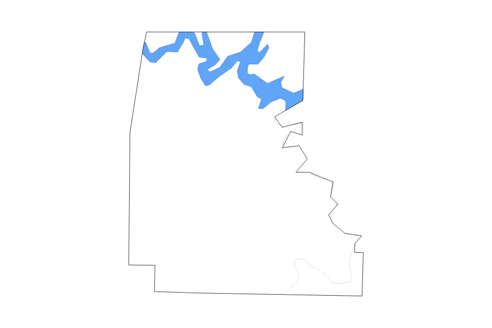 Outline map of Marion County, Arkansas with subdivision borders and major lakes and rivers.
