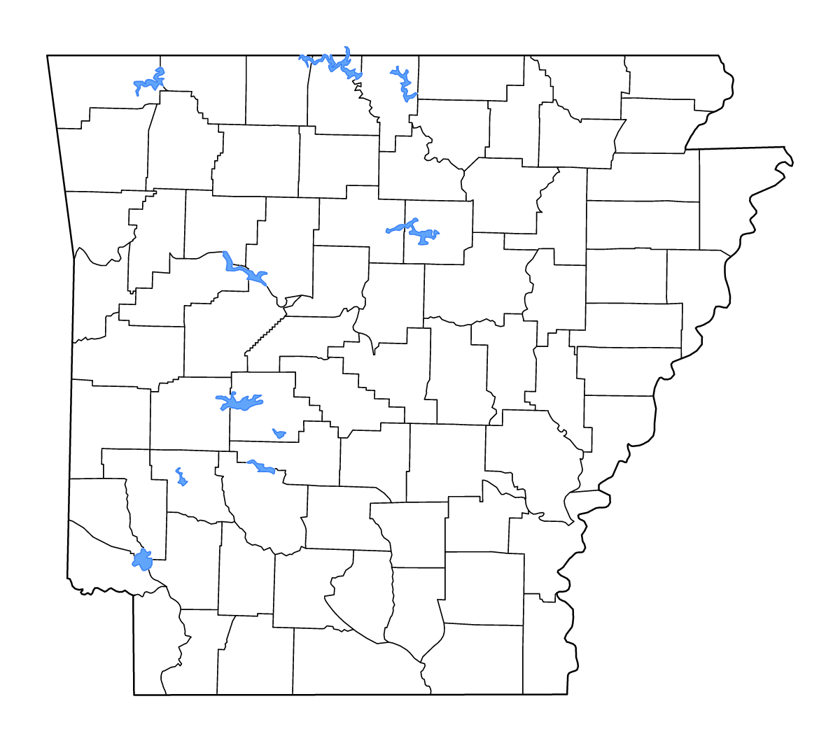 Mapa de contorno de Arkansas, United States con límites administrativos internos, lagos y ríos.