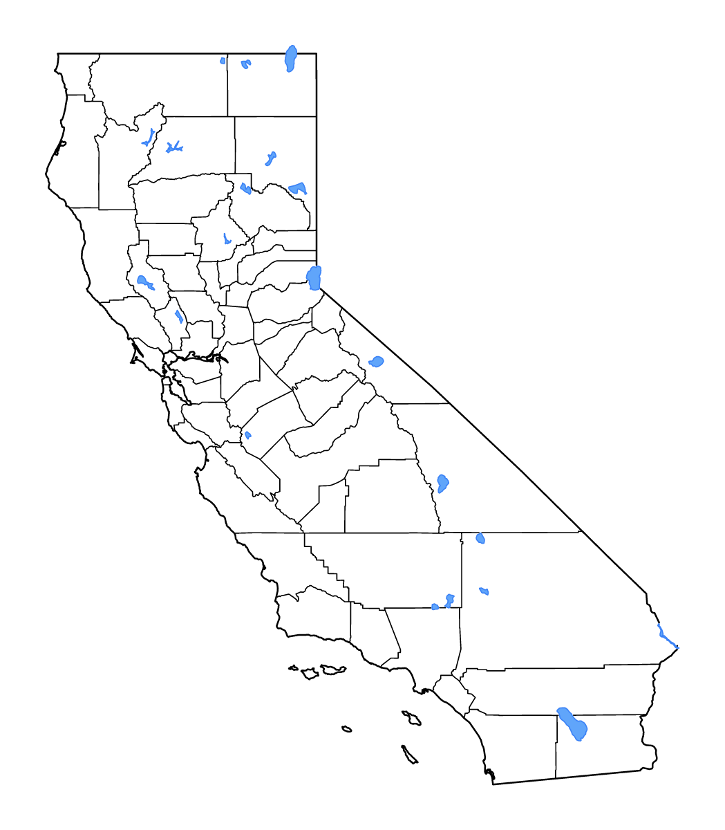 Mapa de contorno de California, United States con límites administrativos internos, lagos y ríos.