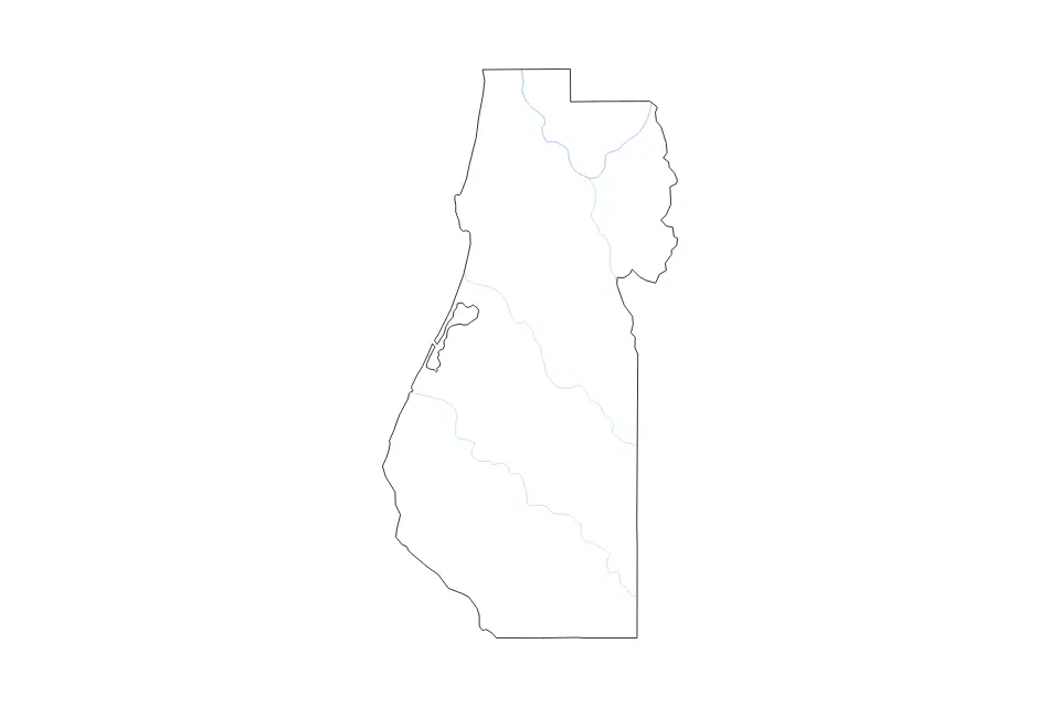 Outline map of Humboldt County, California with subdivision borders and rivers.