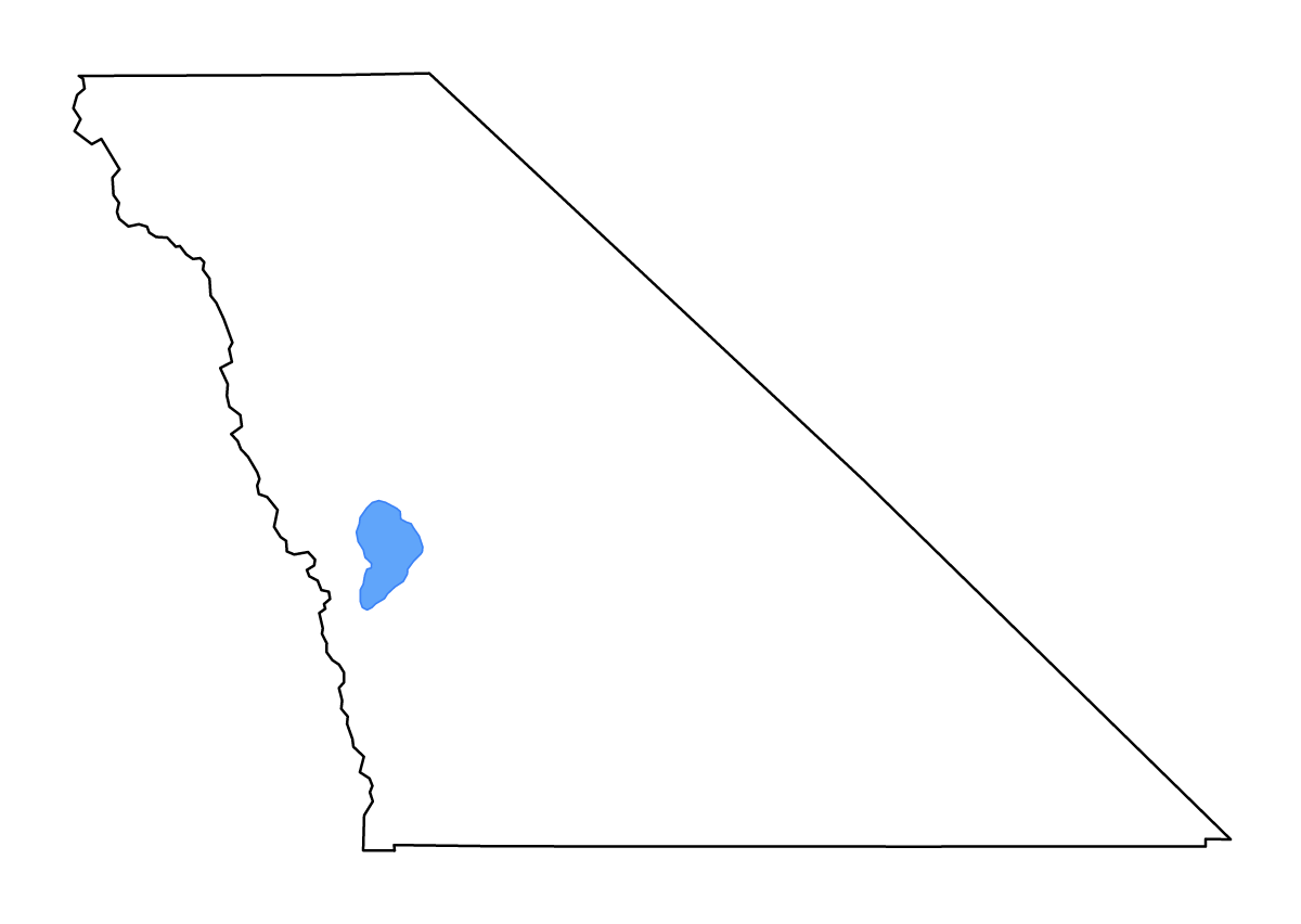 Mapa de contorno de Inyo, California con lagos y ríos.
