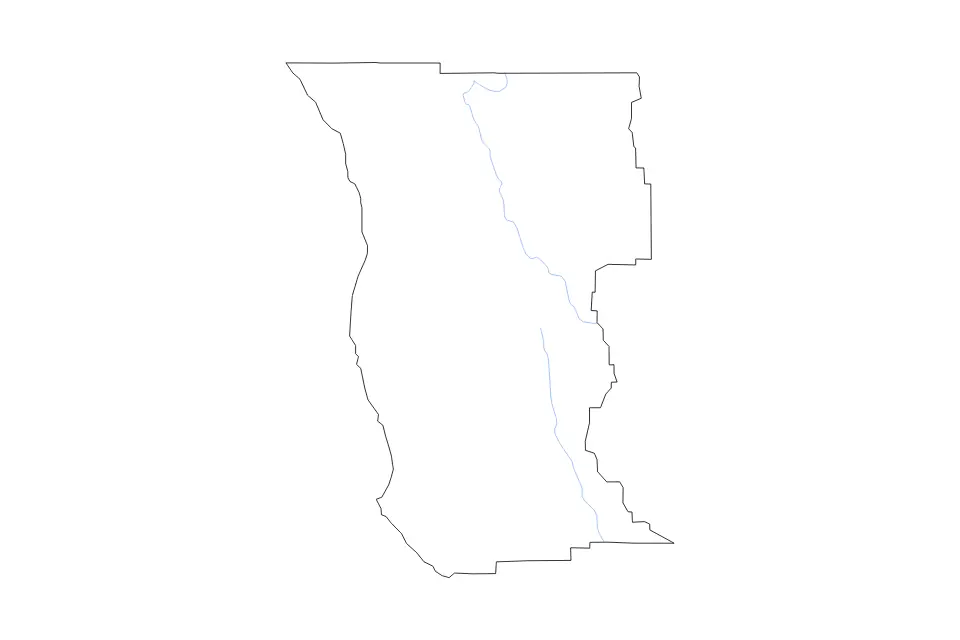 Outline map of Mendocino County, California with subdivision borders and rivers.