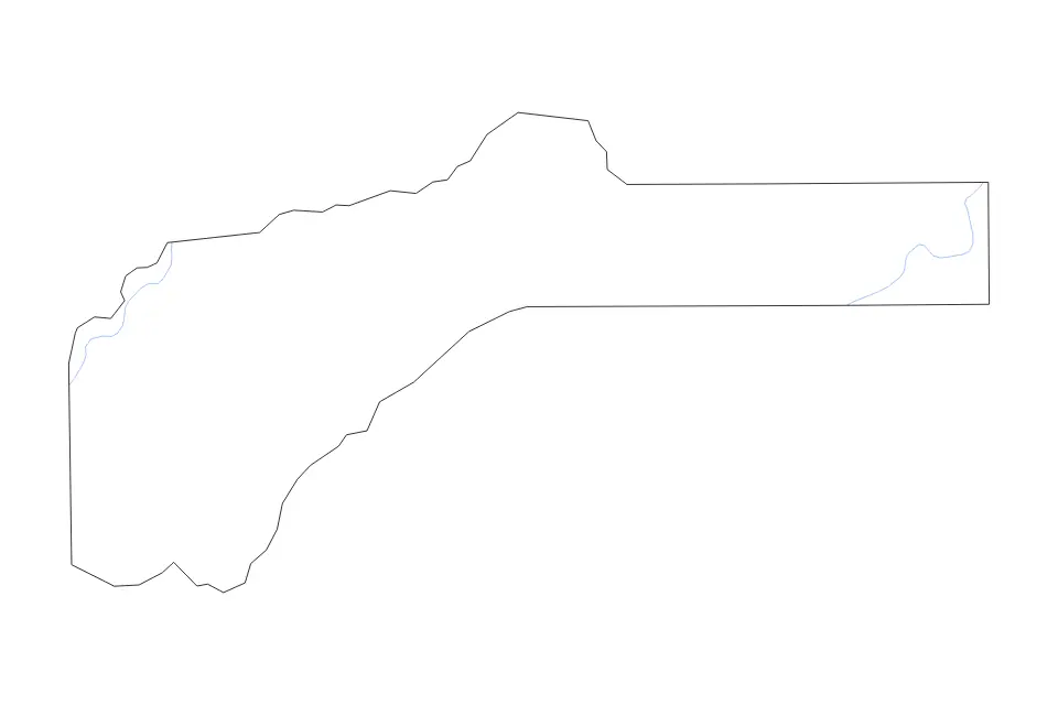 Outline map of Nevada County, California with subdivision borders and rivers.