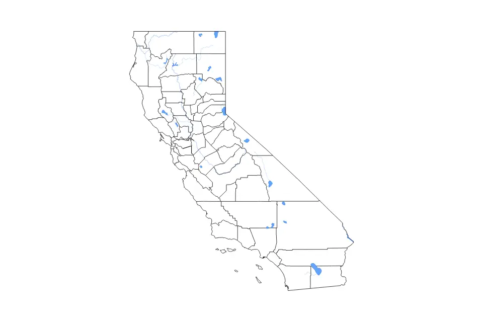 Outline map of California, United States with subdivision borders and major lakes and rivers.