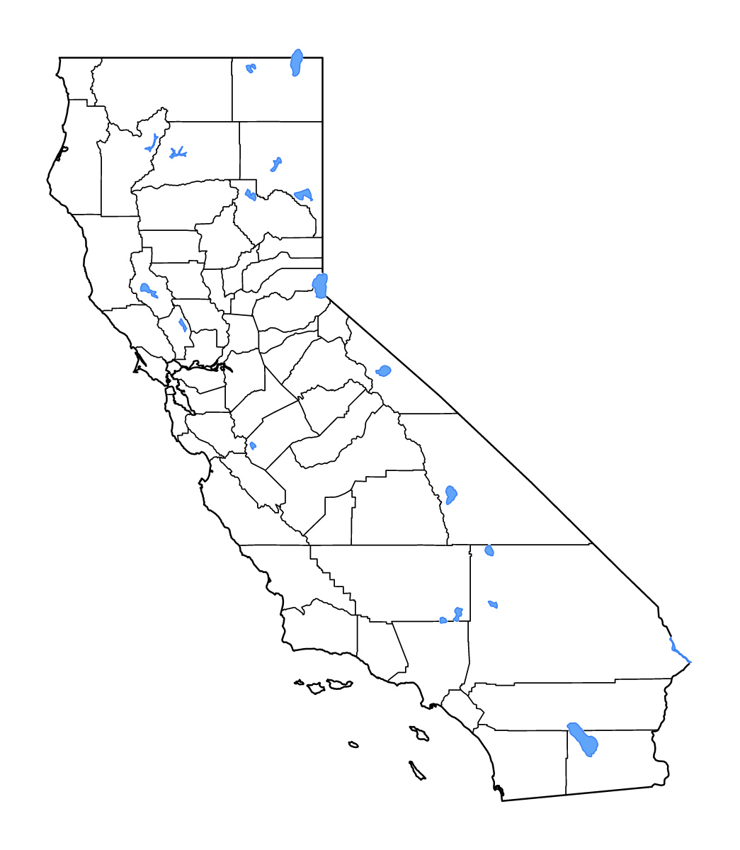 Mapa de contorno de California, United States con límites administrativos internos, lagos y ríos.