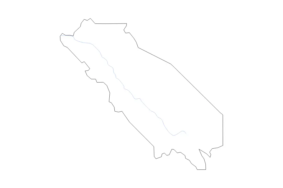 Outline map of San Benito County, California with subdivision borders and rivers.