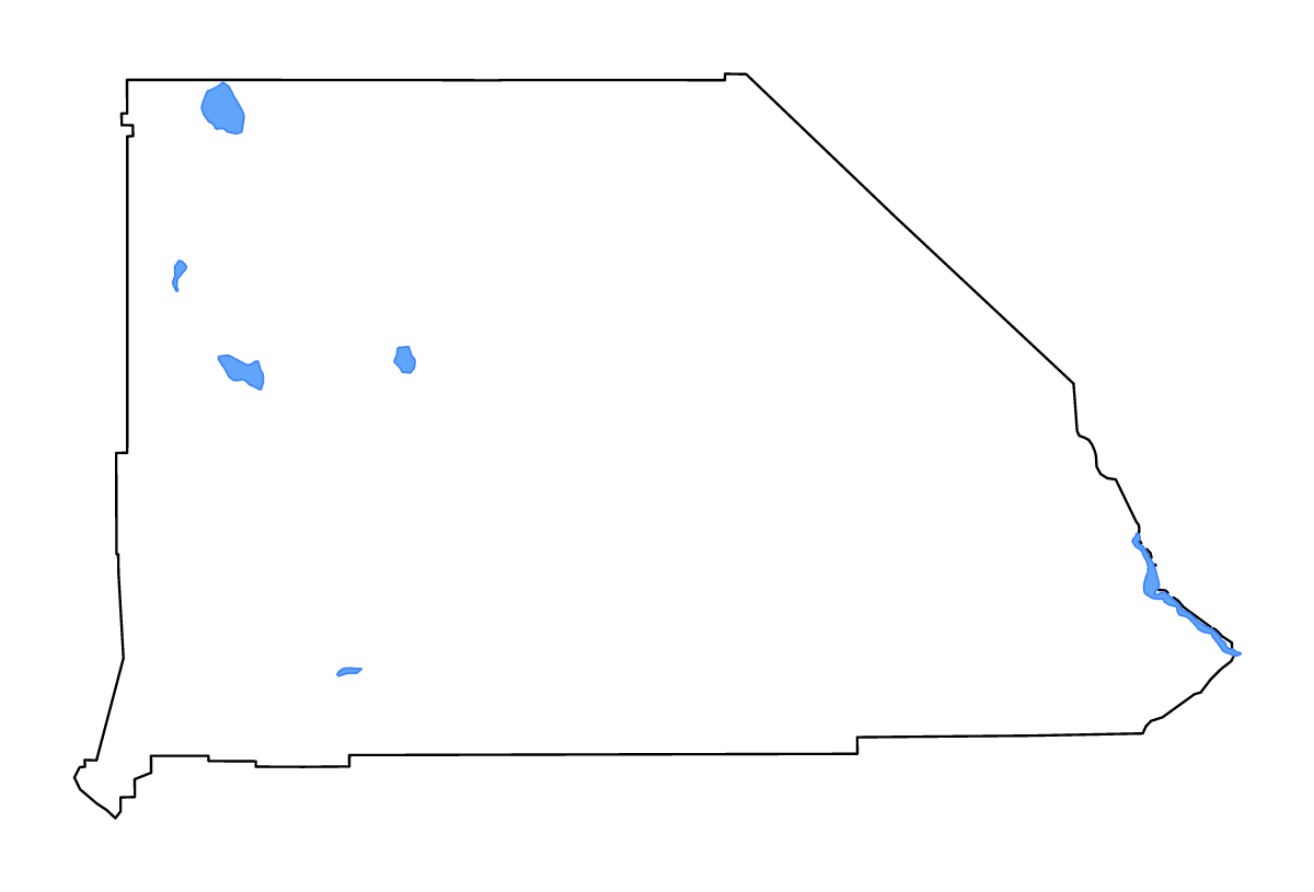 Mapa de contorno de San Bernardino, California con lagos y ríos.