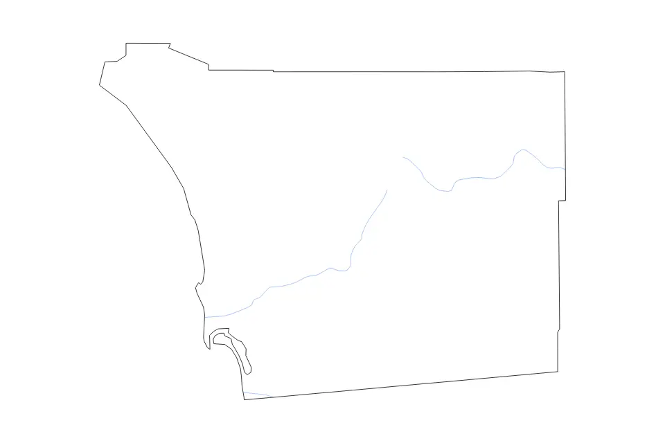 Mapa de San Diego, California de tipo contorno y ríos para América del Norte, con contorno y ríos con límites limpios.