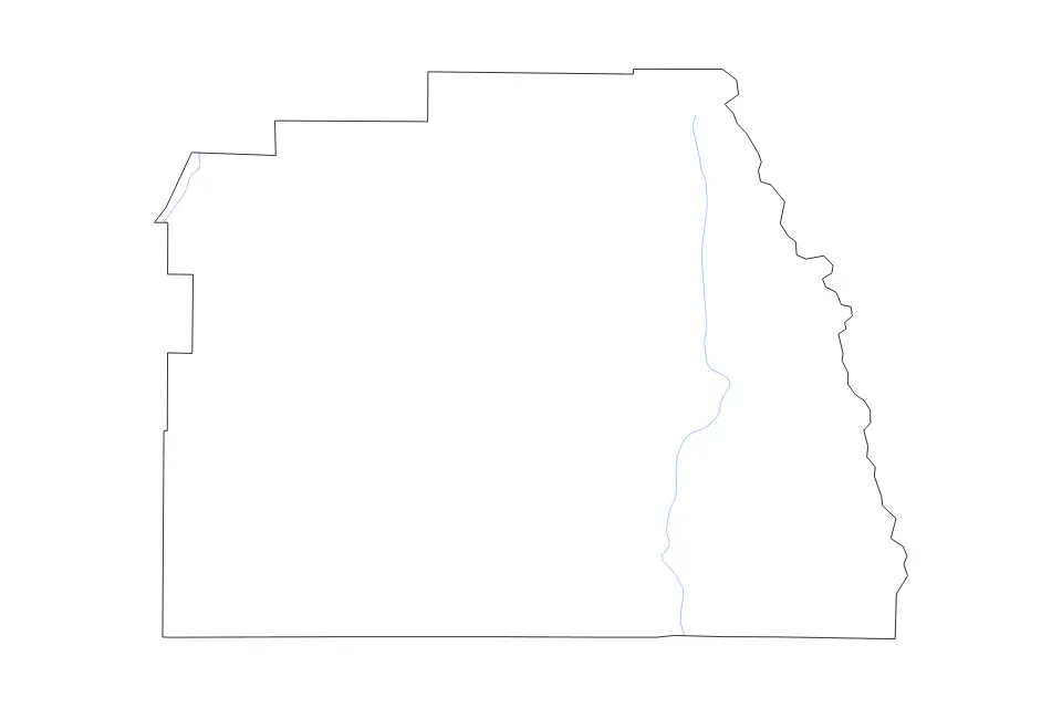 Outline map of Tulare County, California with subdivision borders and rivers.