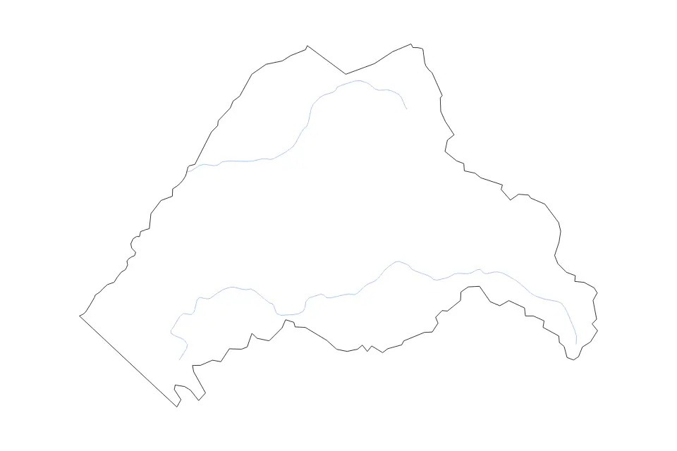 Outline map of Tuolumne County, California with subdivision borders and rivers.