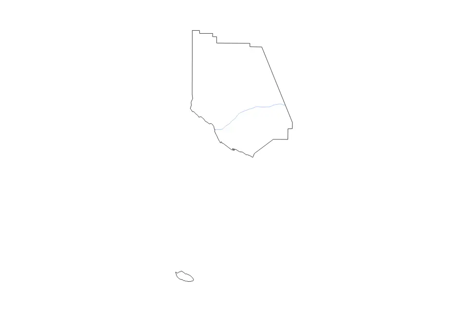 Outline map of Ventura County, California with subdivision borders and rivers.