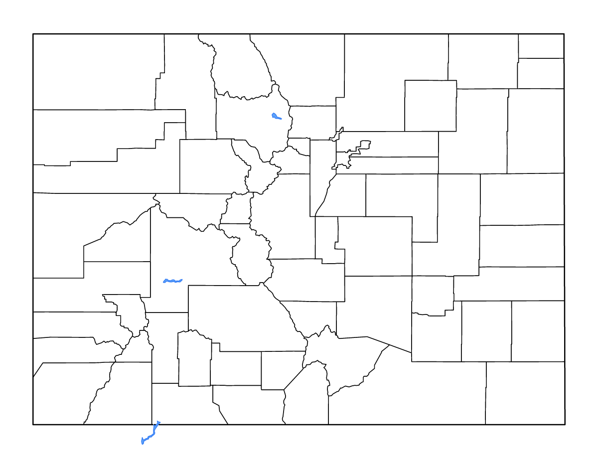 Mapa de contorno de Colorado, United States con límites administrativos internos, lagos y ríos.