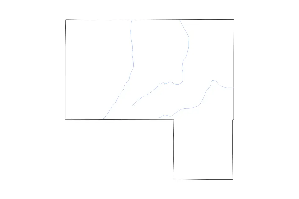 Outline map of Elbert County, Colorado with subdivision borders and rivers.