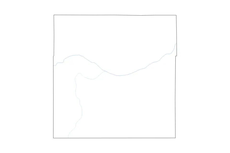 Outline map of Morgan County, Colorado with subdivision borders and rivers.