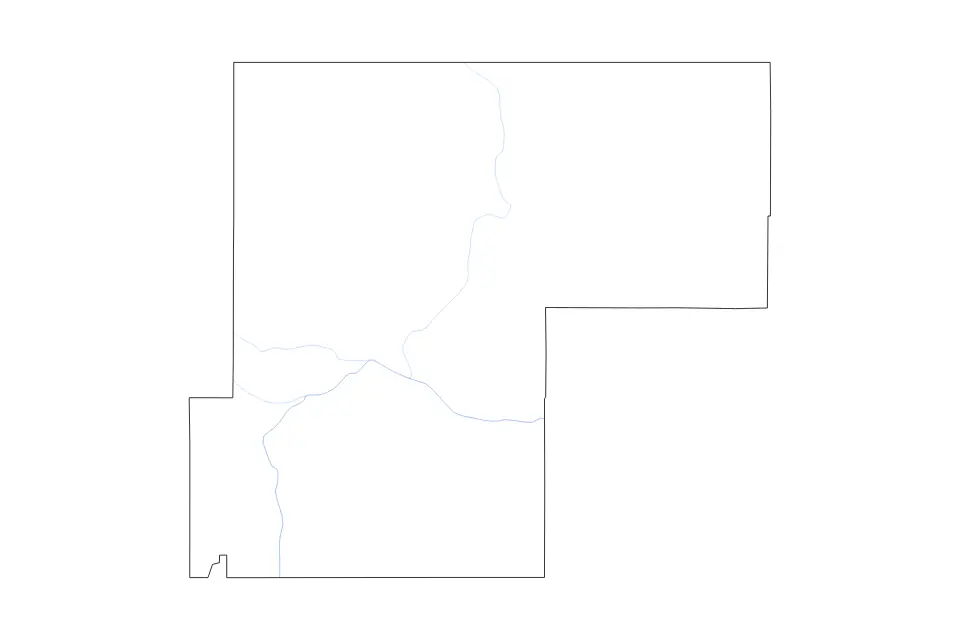 Outline map of Weld County, Colorado with subdivision borders and rivers.