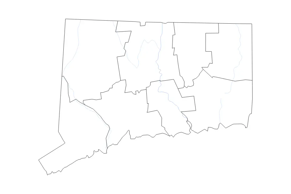 Outline map of Connecticut, United States with subdivision borders and rivers.