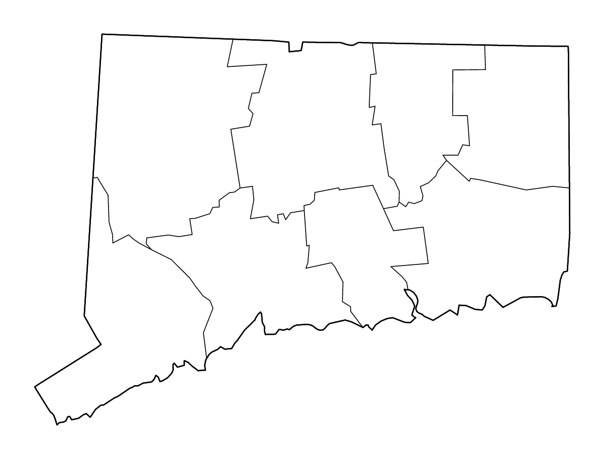 Carte de contour de Connecticut, United States avec limites administratives internes et rivières.