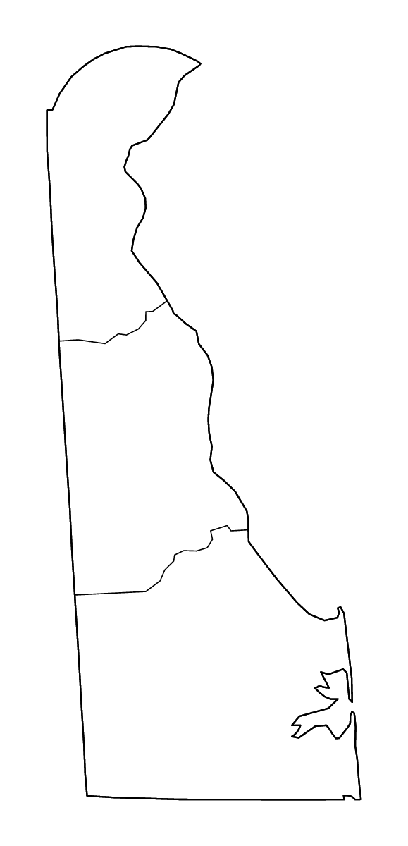 Mapa de contorno de Delaware, United States con límites administrativos internos y ríos.