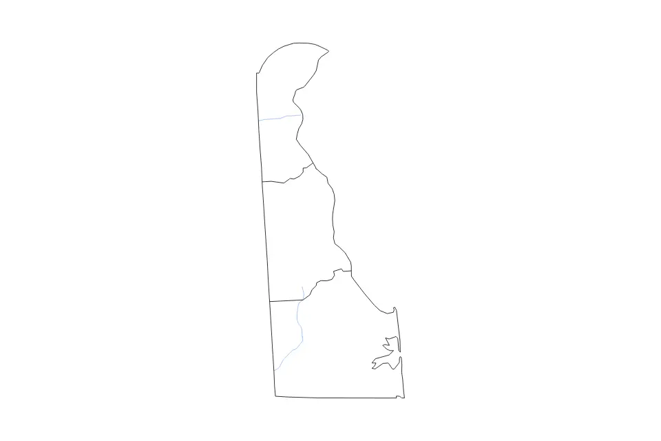 Outline map of Delaware, United States with subdivision borders and rivers.