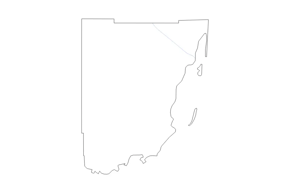 Outline map of Miami-Dade County, Florida with subdivision borders and rivers.