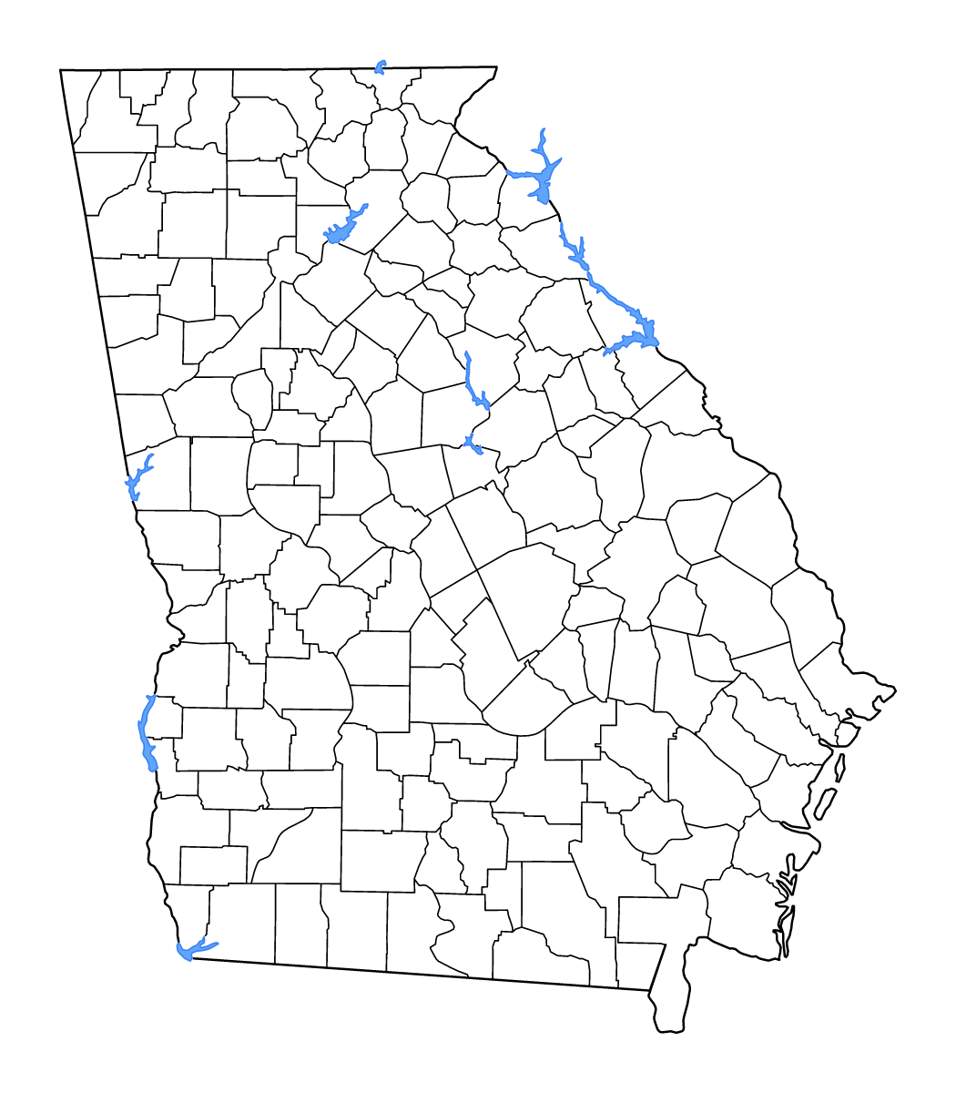 Outline map of Georgia, United States with internal administrative boundaries, lakes, and rivers.