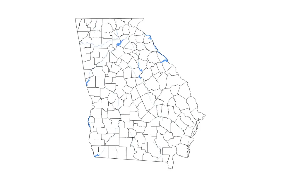 Outline map of Georgia, United States with subdivision borders and major lakes and rivers.